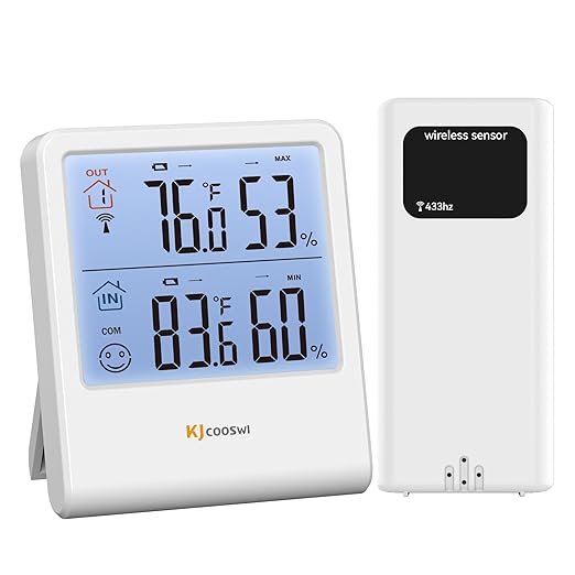 Indoor Outdoor Thermometer Hygrometer, Wireless Digital Temperature & Humidity Monitor with Outdoor Sensor, 328ft Range, Backlight LCD Display for Home, Room, Patio, Battery Included by KJCOOSWI