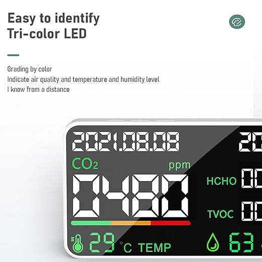 7-in-1 Indoor Air Quality Monitor,Desktop CO2/TVOC/HCHO Detector with Temperature,Humidity,Time & Date Display,High Accuracy,Ideal for Wildfire Monotoring,Home,Office,and School Use - Image 9