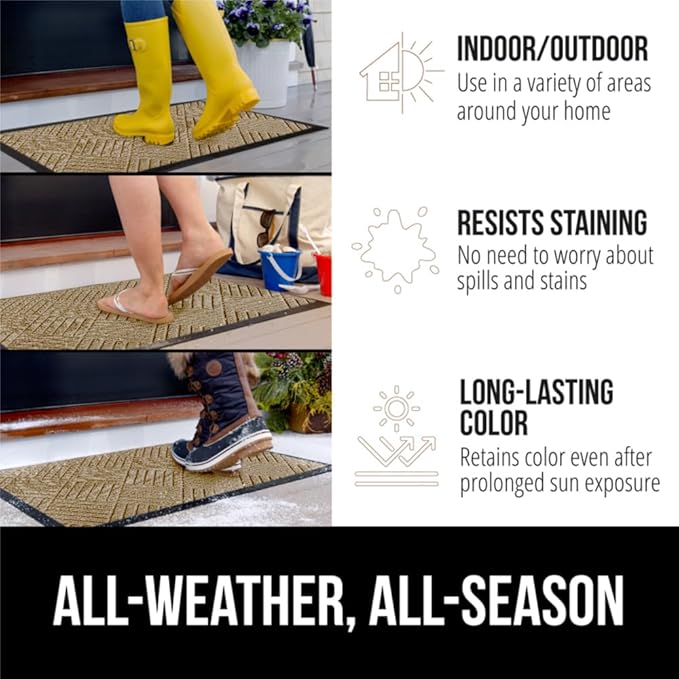 GORILLA GRIP 100% Waterproof All-Season WeatherMax Doormat US Designed Natural Rubber, Stain and Fade Resistant, Low Profile Indoor Outdoor Door Mats, Easy Clean Patio Mat, 17x29, Beige Diamond - Image 3