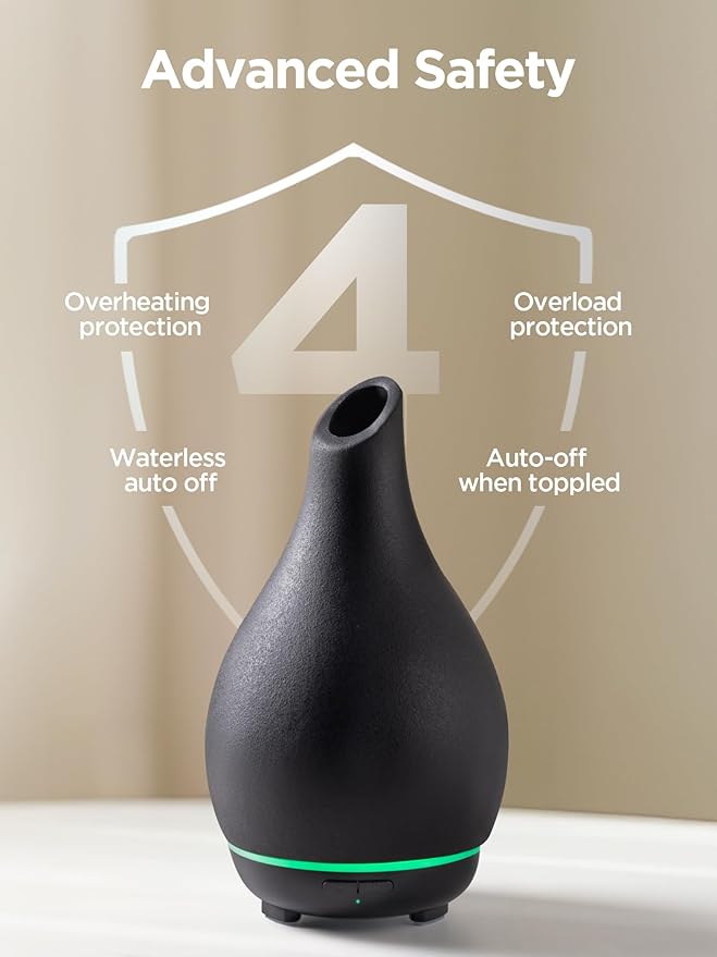 InnoGear Essential Oil Diffuser, 150ml Ceramic Diffuser Handcrafted Stone Aromatherapy Diffusers Ultrasonic Cool Mist Humidifier Vaporizer 2 Mist Modes Waterless for Home, Black Vase-Shaped Ceramic - Image 3