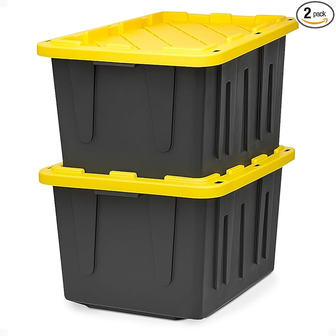 HOMZ 2-Pack Durabilt, Heavy Duty Plastic Storage Bins with Lids, 27 Gallon, Black/Yellow - Stackable Container Boxes for Home, Attic, and Garage Organization by Homz