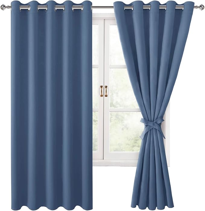 Hiasan Blackout Curtains for Bedroom, 60 x 63 Inches Length - Thermal Insulated & Light Blocking Window Curtains for Living Room/Kids Room, 2 Drape Panels Sewn with Tiebacks, Blue Haze by Hiasan