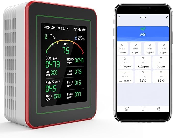 Professional 15-in-1 Air Quality Monitor with Smartphone APP - Dual Chip - Sensors Detect CO2, PM2.5/PM10, HCHO, TVOC | Real-Time Alerts & Custom Thresholds | for Home, Car, Office, Plants, Pets by Unknown