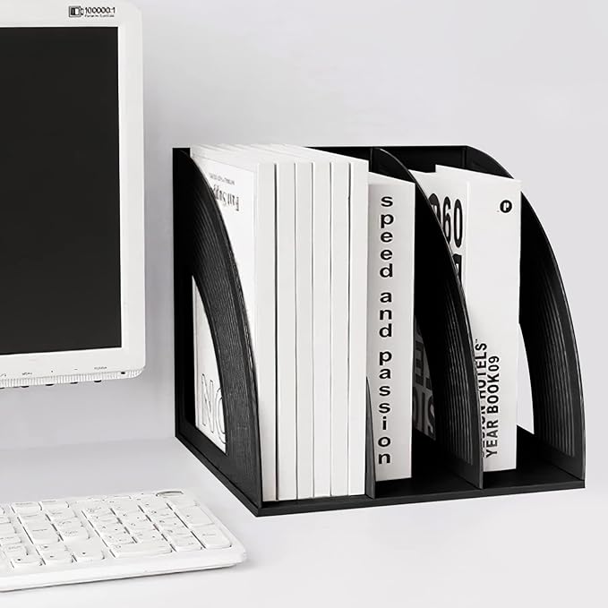 Marte Vanci Magazine File Holder Book Desktop Organizer Plastic Storage Sturdy Vertical 3 Section Folder Black - Image 7