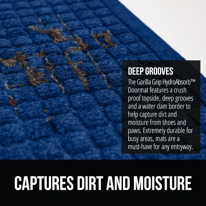 GORILLA GRIP Front Door Mat, Indoor Outdoor Ultra Absorbent HydroAbsorb Doormat, Absorbs Up to 1.7 Cups of Water, Stain and Fade Resistant, Rubber Backing Doormats, Captures Dirt, 29x17 Blue - Image 4