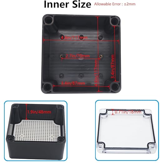 Junction Box,IP67 Waterproof ABS Black Project Box Clear Cover with Mounting Plate Electrical Box Enclosure for Outside Electronics 4.9 x 4.9 x 3inch(125x125x75mm) - Image 4