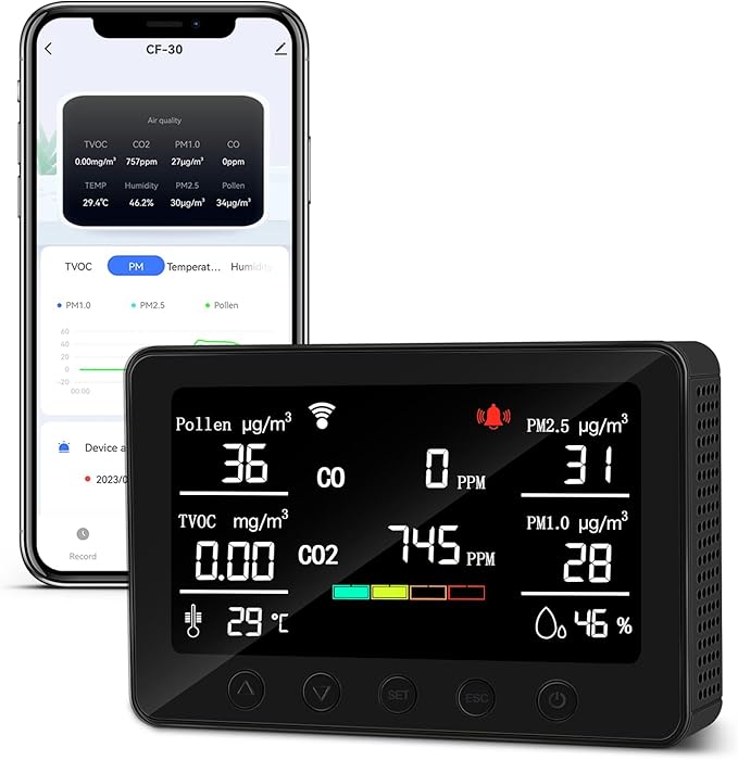 CF-30 Smart WiFi Air Quality Monitor, 15-in-1 Indoor IAQ Monitor with CO2, PM2.5, PM1.0, Pollen, TVOC & Carbon Monoxide, App Data Logger, Adjustable Alarm & Backlight for Home Office Bedroom by Simbow