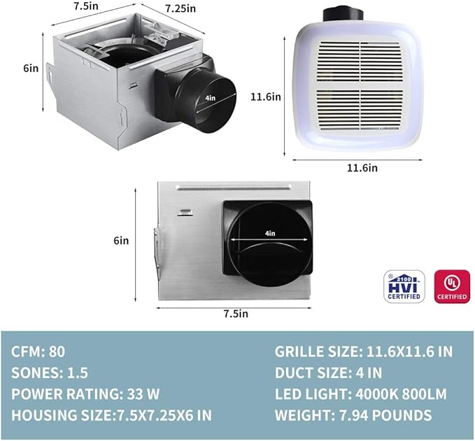 Tech Drive Very-Quiet 80 CFM, 1.5 Sone No Attic access Needed Installation Bathroom Ventilation and Exhaust Fan With LED light 4000K 800LM (80CFM),Ceiling Mounted Fan,Easy to Install - Image 4