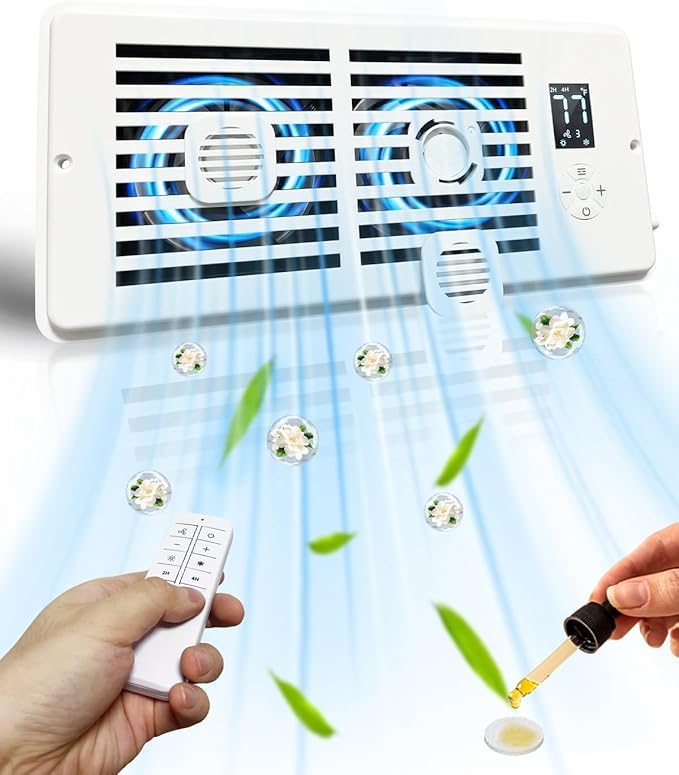 Smart Register Booster Fan for 4" x 10" Vents, Quiet 10-Speed AC Heating Cooling Vent Fan with 2 Scent Diffuser Slots & Remote, 3 Modes, LCD Screen, Thermostat Control, Ideal for Home, Bedroom (White) by Unknown