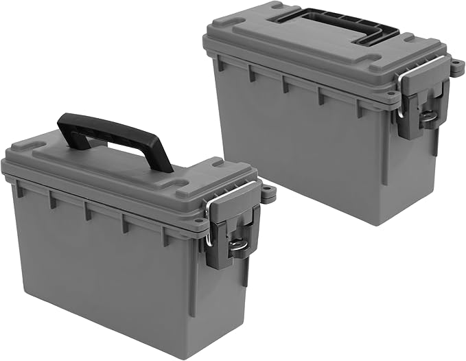Sheffield 12792 2-Pack Ammo Storage Box, Stackable .30 Cal Field Boxes, Water and Dust Resistant, Lockable Storage Box with Handle, Secures Hunting Gear, Supplies, and Bullets, Made in USA, Gray by Sheffield