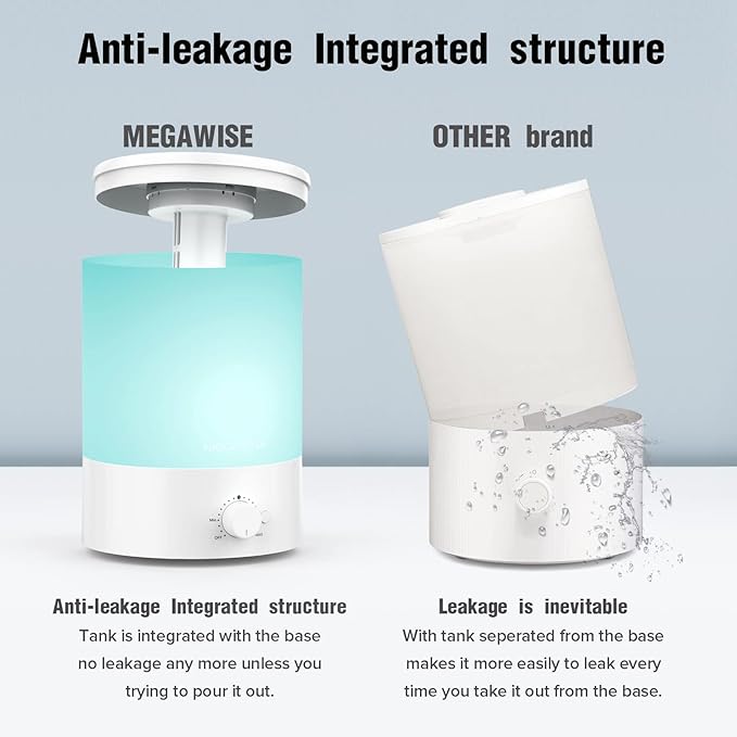 MegaWise Healthy Top-Refill Cool Mist Humidifiers for Bedroom, 24dB Ultrasonic Air Vaporizer with Water Filter for Baby [PP Material], Colorful Night Light,1 Gal Essential Oil Diffuser, Auto Shut Off - Image 3