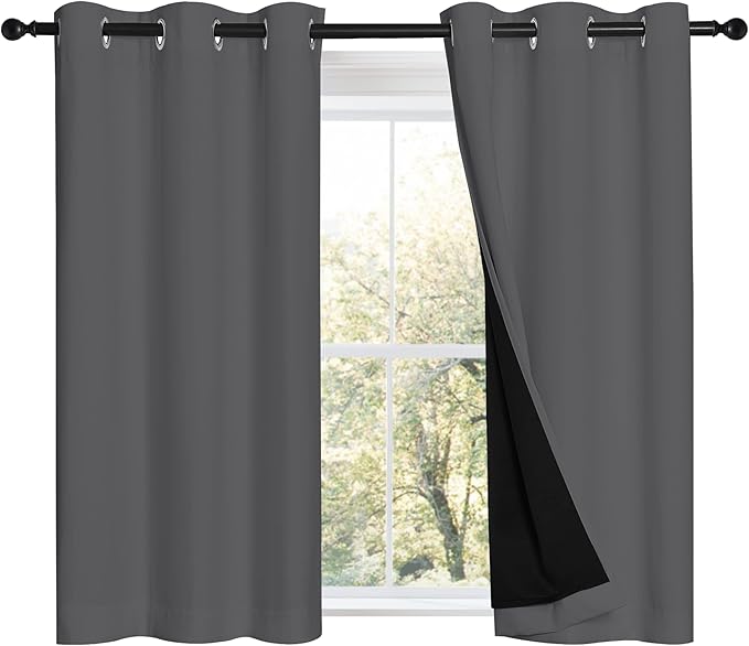 NICETOWN Grey 100% Blackout Room Warming Curtains 45 inches Long, Thermal Insulated Full Blackout 2-Layer Lined Curtains, Energy Efficiency Window Draperies for Dining Room (2 Panels, 42-inch W) by NICETOWN