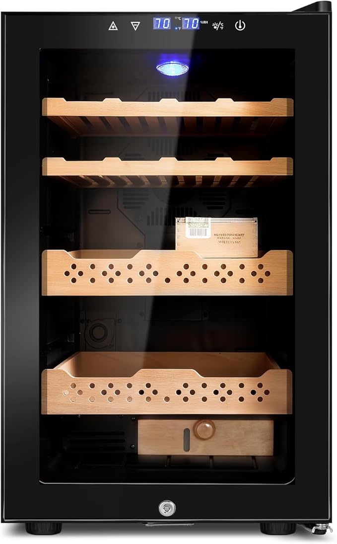 Electric Cooler Cabinet 70L with Temperature and Humidity Control, Spanish Cedar Wood Shelves and Safety Lock (500 Counts Capacity), Gift for Men by FoMup