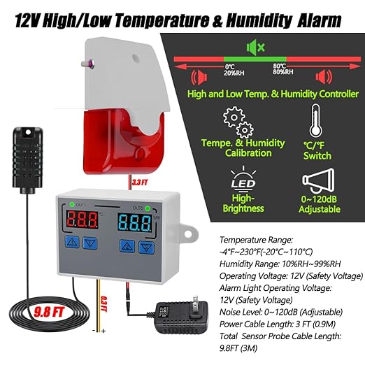 Hygrometer Thermometer Alarm, 12V High/Low Temperature and Humidity Monitor, 0~120dB Adjustable Audible/Visual Thermostat Controller with External Output Option for Room/Grow Tent/Farm/Cellar/Reptile - Image 2