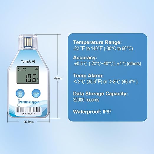 Tzone Temperature Data Logger USB Single Use Temp Recorder 1 Pack, Digital Thermometer Logger with PDF and CSV Reports 180 Days 32000 Recordings for Cold Chain Medical Refrigerator, IP67 Waterproof - Image 5