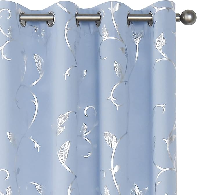BUHUA Blue Blackout Curtain 2 Panel Set Vine Foil Print Thermal Insulated Drapes Room Darkening Curtains Grommet Window Treatment, 38 x 45 Inch, Light Blue by BUHUA