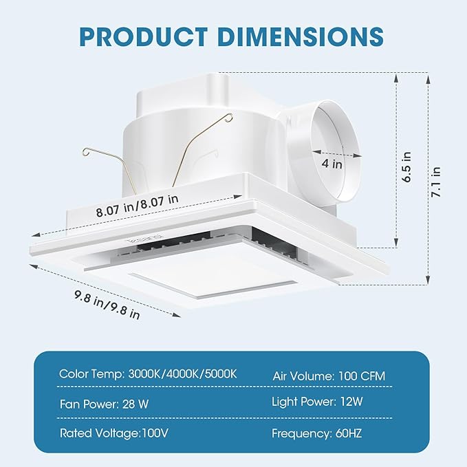 Bathroom Exhaust Fan with Light, Ultra-Quiet 100 CFM Ventilation & 3CCT LED Light, Ceiling Mount Bath Fan for Family Bathroom and Home Gym - Image 6