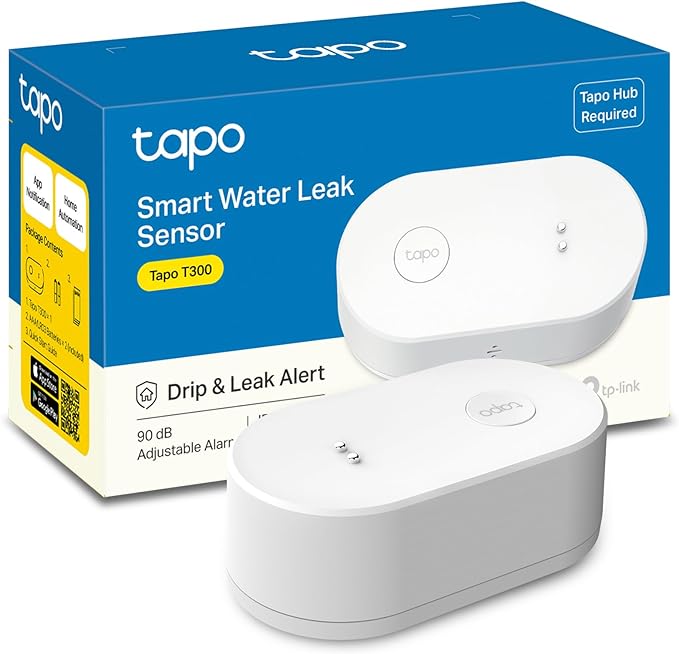 TP-Link Tapo Smart Water Leak Detector, Requires Tapo Hub, Water Leak Sensor Wi-Fi with Rapid Dripping Detection, 90dB Adjustable Alarm, App Alerts, Compatible with Alexa and Google Home, T300 by Tapo