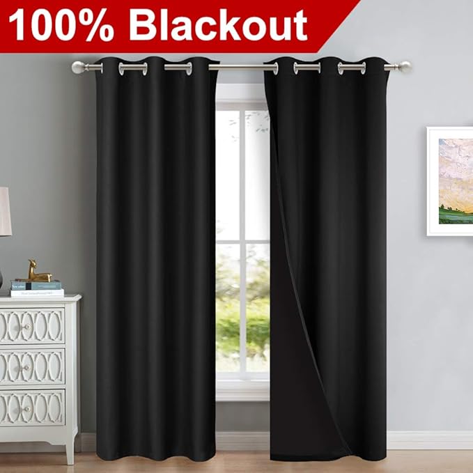 NICETOWN Room Warming Blackout Curtains 80 inches Long, Full Light Blocking Drapes with Black Liner for Nursery, Thermal Insulated Draperies for Hall, Villa (Black, 2 Pieces, 42" Wide Each Panel) - Image 2