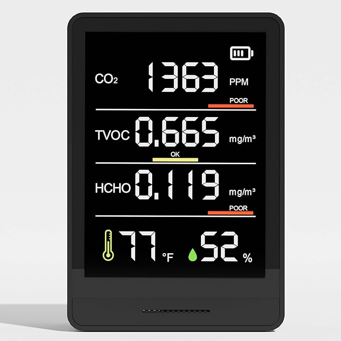5-in-1 Professional Indoor Air Quality Monitor Indoor Portable CO2 Monitor | Temperature | Formaldehyde Detector | Humidity TVOC | Air Quality Tester - Confined Space Clean Air Monitor (Ruby Black) by PinoTec
