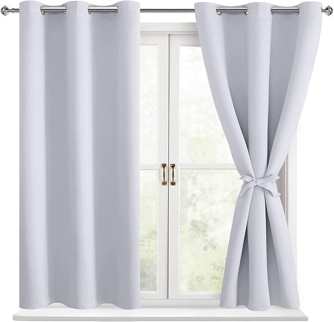 Hiasan Blackout Curtains for Bedroom - Thermal Insulated & Energy Saving Window Curtains for Living Room, 2 Drape Panels Sewn with Tiebacks, Greyish White, 38 x 54 Inch by Hiasan