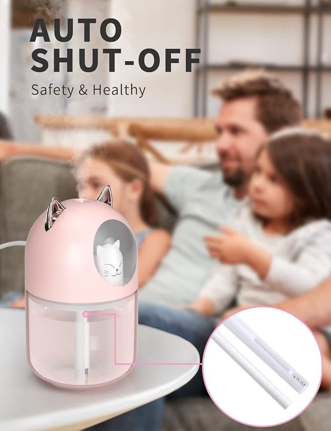Cool Mist Humidifier,300ml Mini Humidifiers with Night Light,Waterless Auto-Off Air Humidifier,20dB Quiet Humidifiers for Bedroom,Car, Plant for Girl Boy - Image 4