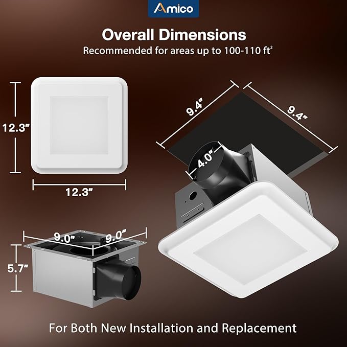 Amico Bathroom Exhaust Fan with Light, 110CFM, 1.0 Sones, 1000 LM, 5CCT, Easy Install, Ceiling Mount Shower Bathroom Fan, Adjustable Exhaust Vent with light, ETL & FCC Certified - Image 2