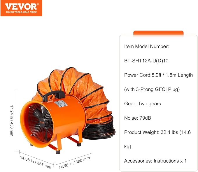 VEVOR Portable Ventilator with Hose, 2 Speed, 12 Inch Utility Blower Exhaust Fan with 33ft Flexible Duct, 560W 2894CFM High Velocity Industrial Air Mover for Extraction and Ventilation - Image 7