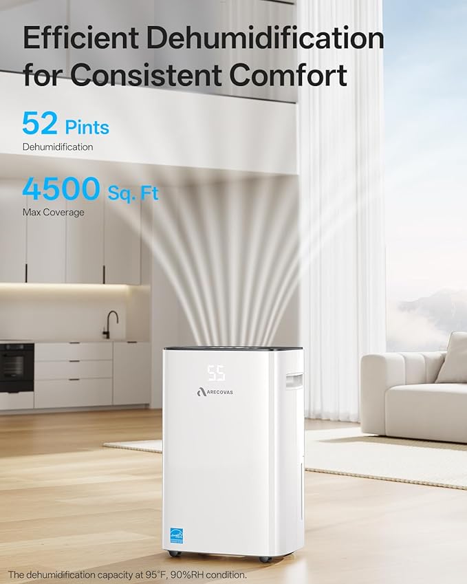 Dehumidifier for Basement, 52 Pints Dehumidifiers for Bedroom Bathroom Large Room Home, 4500 Sq.Ft Dehumidifier with Drain Hose, 2025 Energy Star Certificate, Humidity Control, 24H-Timer, Auto Defrost - Image 2