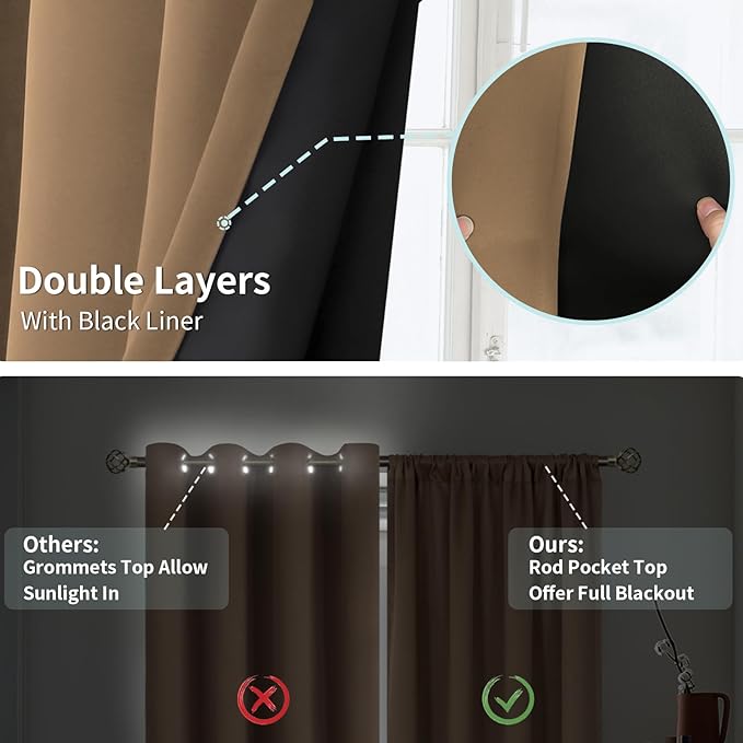 BGment Thermal Insulated 100% Blackout Curtains for Bedroom with Black Liner, Double Layer Full Room Darkening Noise Reducing Rod Pocket Curtain (52 x 54 Inch, Taupe, 2 Panels) - Image 7