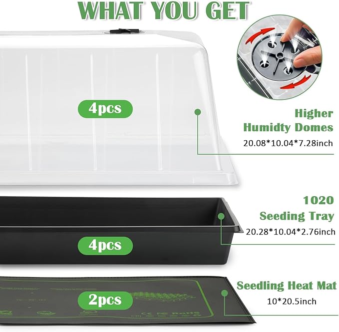 4-Pack 1020 Seed Starter Trays with 7.3'' Humidity Domes & 2-Pack Heat Mats – Heavy-Duty Seedling Trays with Adjustable Domes & Waterproof Heating Mats for Optimal Germination & Cloning Propagation - Image 5