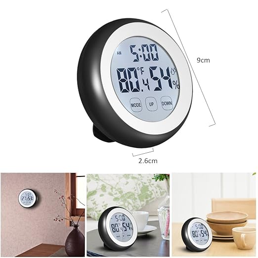 Digital Thermometer Hygrometer Clock, Temperature Humidity Monitor Alarm Clock Touch Screen with Backlight Magnetic Back for Home Office Baby Room (Black) - Image 2