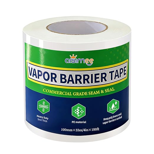 Vapor Barrier Tape, 4 in x 180 ft, High-Adhesion Waterproof Seam Tape for Crawl Spaces and Moisture Barriers, White Polyethylene Tape for Sealing Underlayment, Insulation, and Plastic Liners by AISIMEE