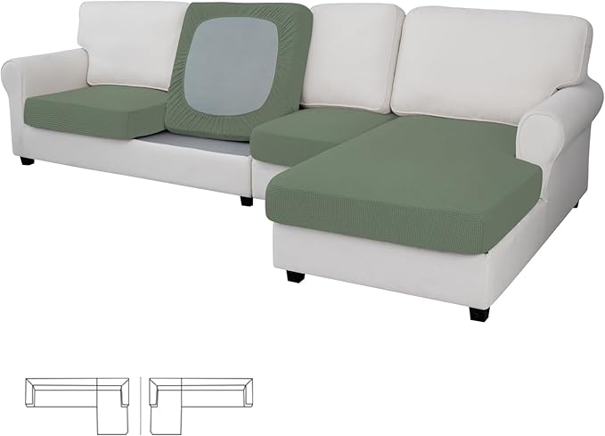Easy-Going Stretch 4 Pieces Couch Cushion Covers for Sectional Sofa Left/Right L Shape Chaise Lounge Sofa Seat slipcover Anti-Slip Sofa Cover Soft (3 Seater + 1 Chaise, Greyish Green) by Easy-Going