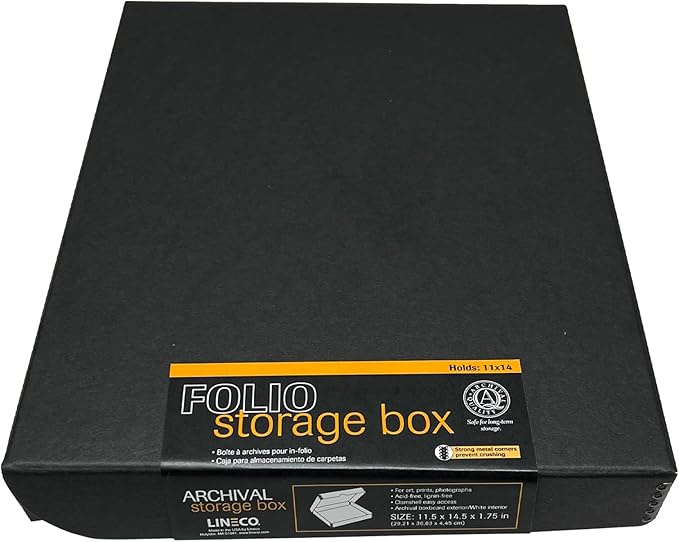 Lineco Folio Storage Box. Archival Clamshell with Metal Edge Boxboard, 11 x 14 x 1.75 Inches, Longevity Organize and Store Photos Documents Craft Cards Magazine Prints Wedding Dresses DIY, Black by Lineco