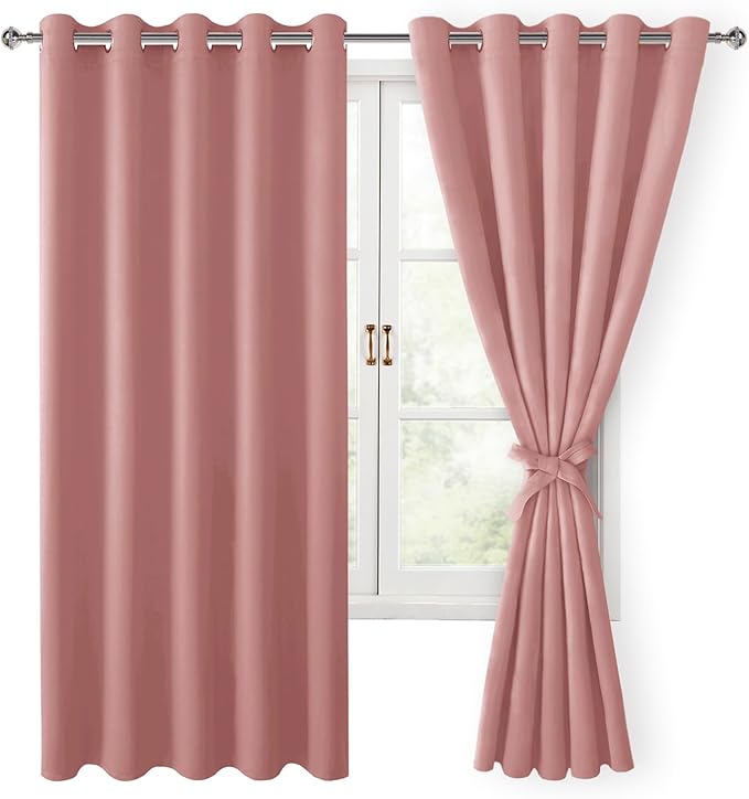 Hiasan Blackout Curtains for Bedroom, 60 x 63 Inches Length - Thermal Insulated & Energy Saving Window Curtains for Living Room, 2 Drape Panels Sewn with Tiebacks, Dusty Rose by Hiasan
