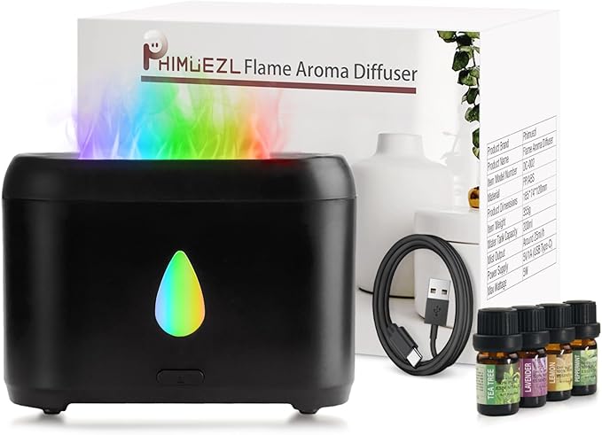 Flame Diffuser for Essential Oils, 200ml Ultrasonic Aroma Diffusers with Cool Mist, Aromatherapy Diffuser with Auto-Off Protection, Small Humidifier for Home,Office,Gift,B(7 Colors)+Oils（Each 5ml） by Phimuezl