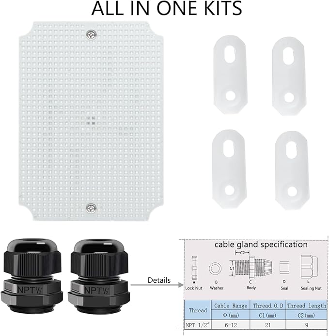 Junction Box, Hinged Clear Cover IP67 Waterproof ABS Project Box with 2 NPT 1/2" Cable Gland, Electrical Box Enclosure with Mounting Plate & Wall Bracket 8.7 x 6.7 x 4.3inch(220x170x110mm) - Image 6