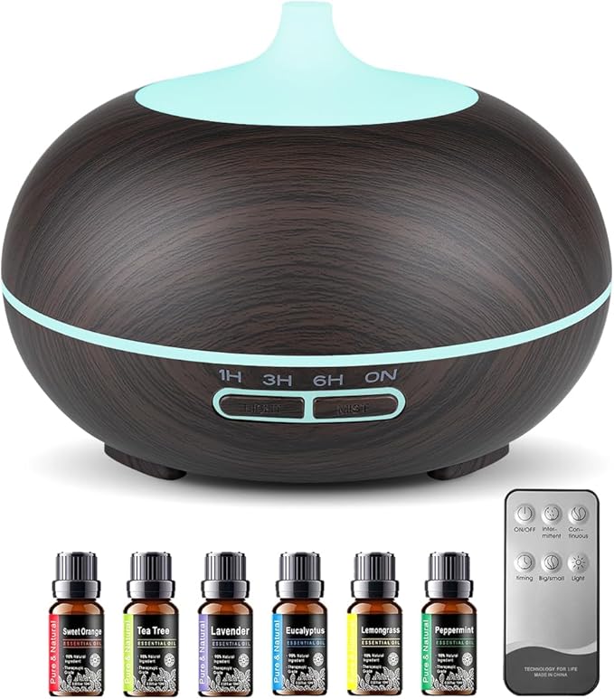 550ml Large Capacity Essential Oil Diffuser with 6 Essential Oil Set, Aromatherapy Ultrasonic Air Humidifier with Timer Setting, 7 Color LED Night Light and Waterless Auto-Off Functions for Home, Spa by Unknown