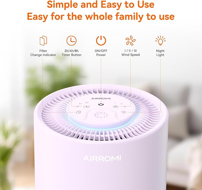 AIRROMI Air Purifier for Bedroom with HEPA 3-in-1 Filter, Pet Air Purifier for Home Cat Pee Smell, Covers Upto 990 Ft², Quiet 360°intake Air Cleaner for Pet Hair,Allergies,Pollen,Smoke A2001 Purple - Image 3