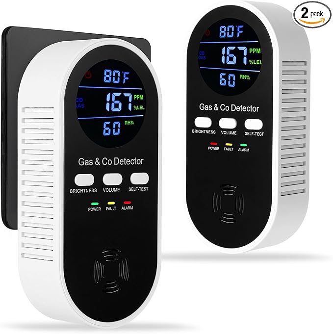2 Packs Combination Gas Leak Detector & Carbon Monoxide Alarm,5-in-1 Plug-in Natural Gas,Propane&CO Alarm with Adjustable Voice/Brightness,9V Battery Backup,°F & Humidity Sensor for Home,RV,Hotel by HembisenSafetyProducts