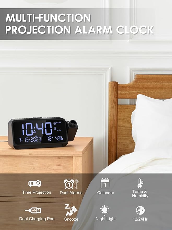 ROCAM Projection Alarm Clock, Digital Clock with 180° Projector on Ceiling Wall, Dual Loud Alarm Clocks for bedrooms with Weekday/Weekend Mode,2 USB Ports, Dimmer, Temp, Humidity, Night Light, Snooze - Image 2