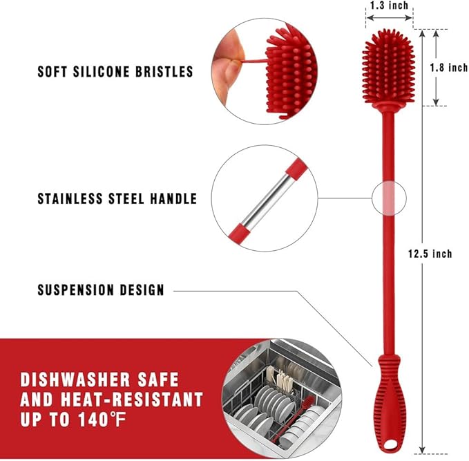 Silicone Bottle Cleaning Brush with Long Handle, BPA Free 12.5" Water Bottle Cleaner for Baby Bottles, Hydro Flask, Sports Bottle, Vase, Glassware, Perfect for Smaller Diameter Bottle Openings (Red) - Image 4