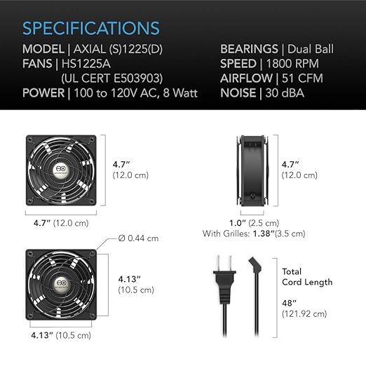 AC Infinity AXIAL 1225, Quiet Muffin Fan, 120V AC 120mm x 25mm Low Speed, UL-Certified for DIY Cooling Ventilation Exhaust Projects - Image 6