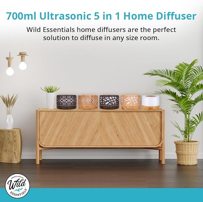 Wild Essentials 700ml Designer Large Room Essential Oil Diffuser, 5 in 1 Ultrasonic Aromatherapy Vaporizer Cool Mist Humidifier, Home, Office, Bedroom, Timer, Auto-Off, 7 Color LED (Wood and White) - Image 2
