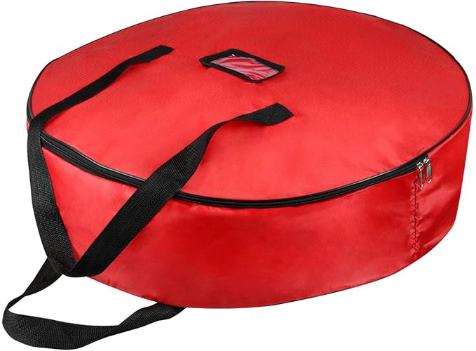 TQS Large Christmas Wreath Storage Bag - 30 Inch, Red, Cotton, Zipper Closure, Reinforced Handles, Double Zippers, Clear Card Slot, Ideal for Christmas Decorations by TQS