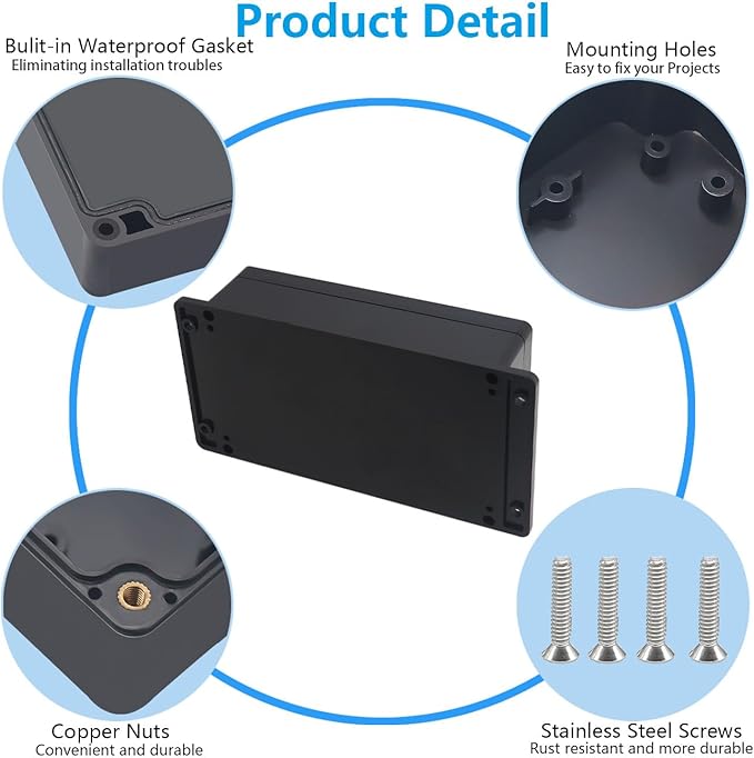 Outdoor Waterproof Junction Box IP67 Project Box ABS Black Electrical Boxes Electronic Enclsoure with Mounting Ear for DIY Project 7.9 x 4.7 x 2.2 inch (200x120x56mm) - Image 6