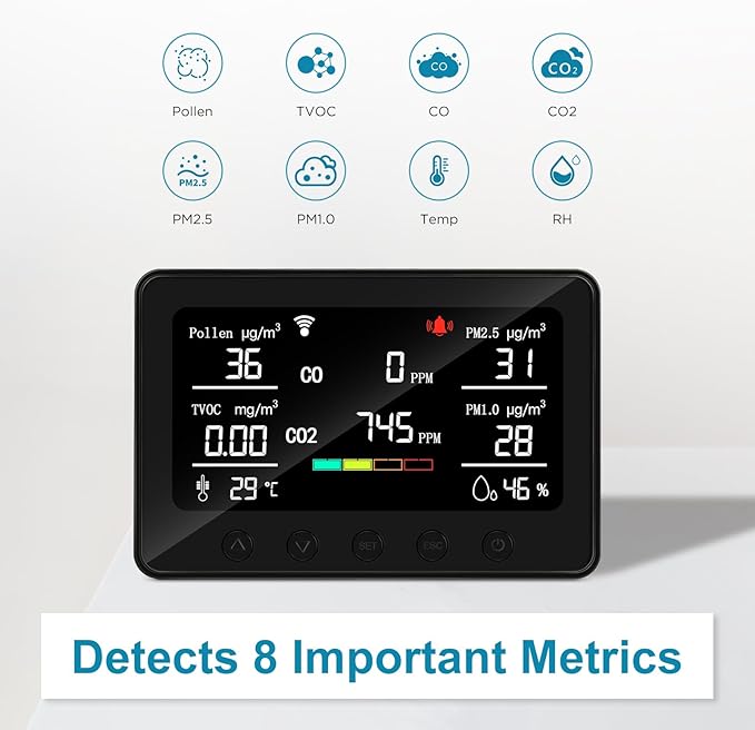 CF-30 Smart WiFi Air Quality Monitor, 15-in-1 Indoor IAQ Monitor with CO2, PM2.5, PM1.0, Pollen, TVOC & Carbon Monoxide, App Data Logger, Adjustable Alarm & Backlight for Home Office Bedroom - Image 2