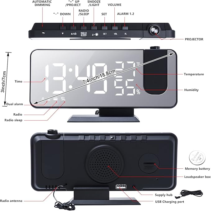 Projection Alarm Clock for Bedrooms Ceiling, Digital Clock Radio with USB Charger Port, Temperature & Humidity Display, 7.3” Large LED Display,12/24H,Snooze,Dual Loud Clock- 4 Dimmer - Image 4