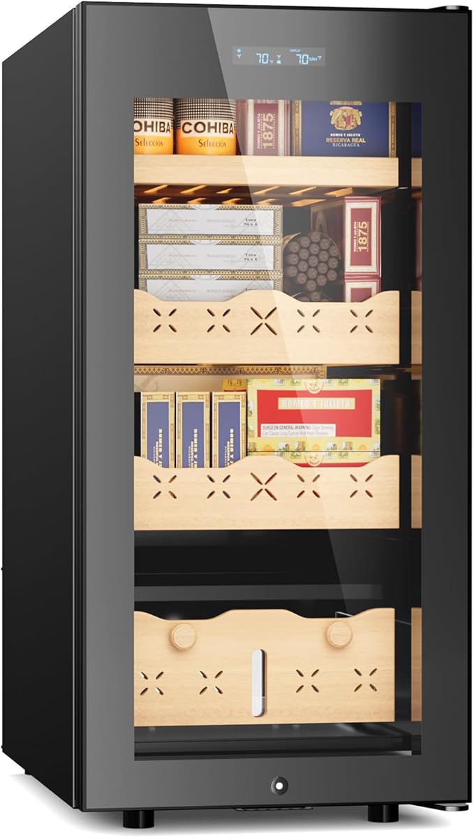 85L Intelligent Temperature and Humidity Adjustable Electronic Cigar Humidor, 700 Counts Large Capacity Humidor, Spanish Cedar Wood Drawer, LCD Digital Display, Gift for Men by Mirfee